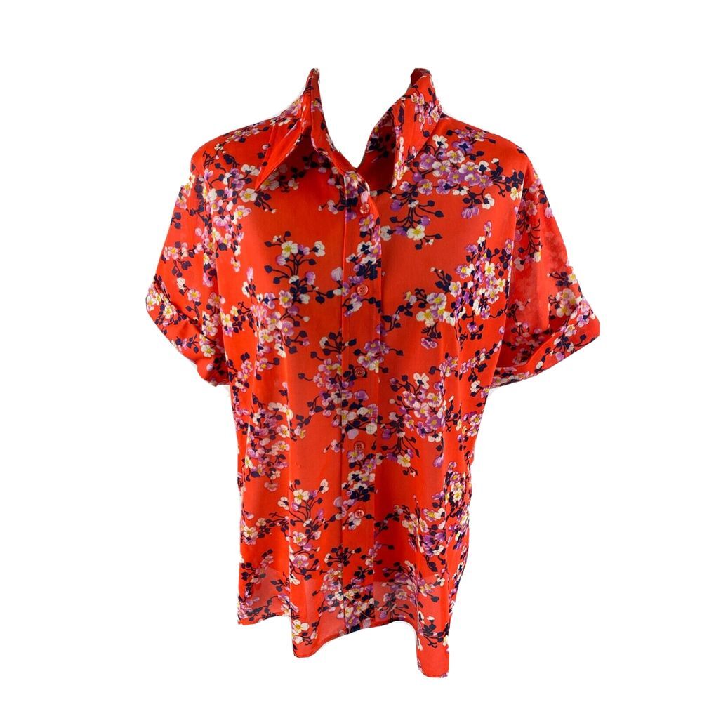 Roamans Womens 42 L/XL Orange Floral AOP Blouse 50s 60s Short Sleeve
